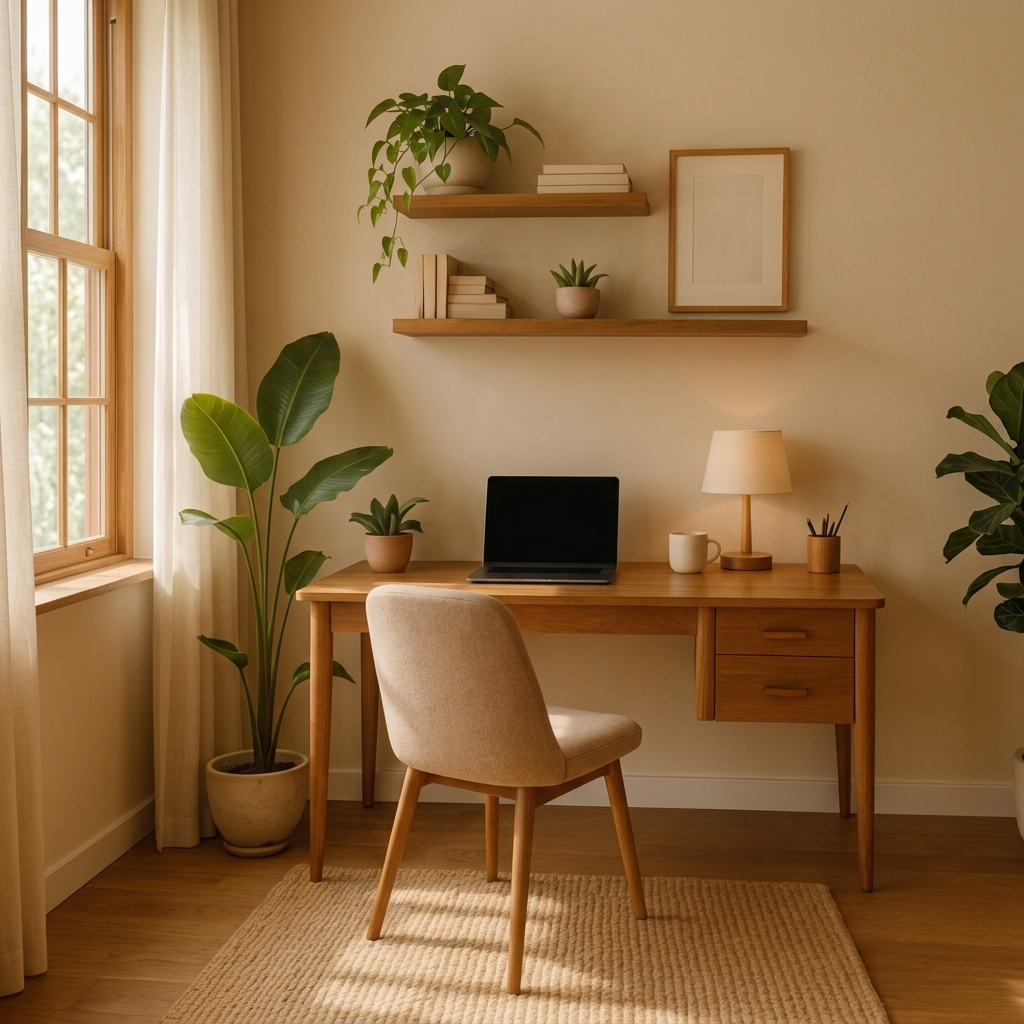 Minimalist Hatlı Çekmeceli Masif Meşe Çalışma Masası