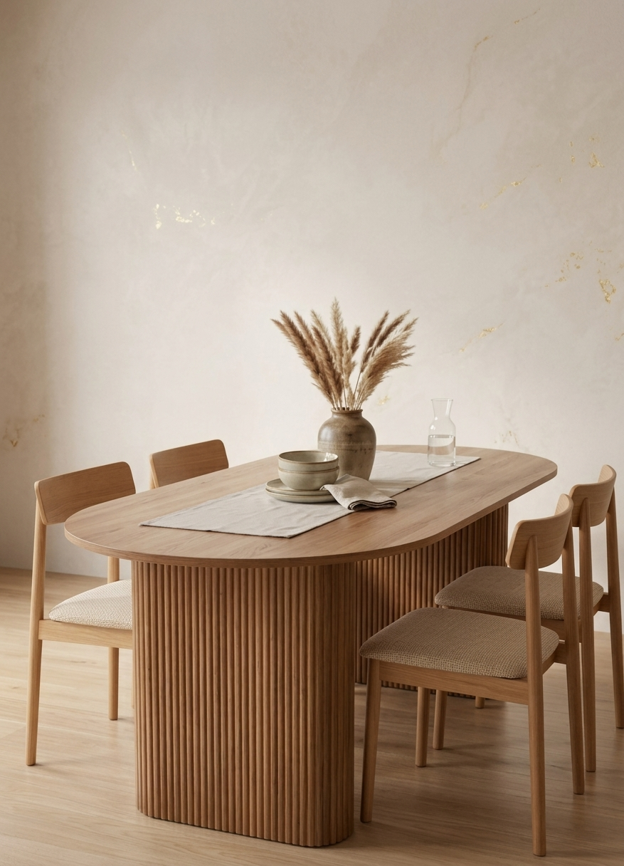 Oluklu Blok Ayaklı Masif Meşe Oval Yemek Masası | Atelier Istanbul