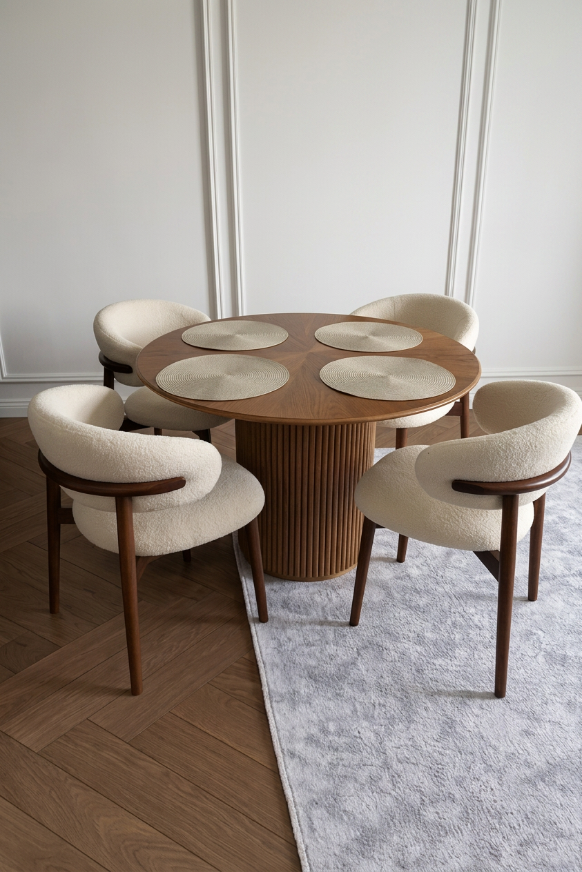 Oluklu Silindir Ayaklı Masif Ceviz Yuvarlak Yemek Masası - Ø120 cm | Atelier Istanbul