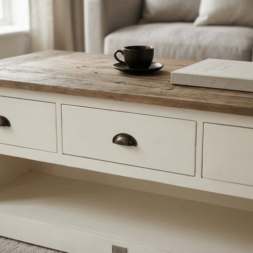 Antik Beyaz Çekmeceli Masif Çam Orta Sehpa - Atelier İstanbul