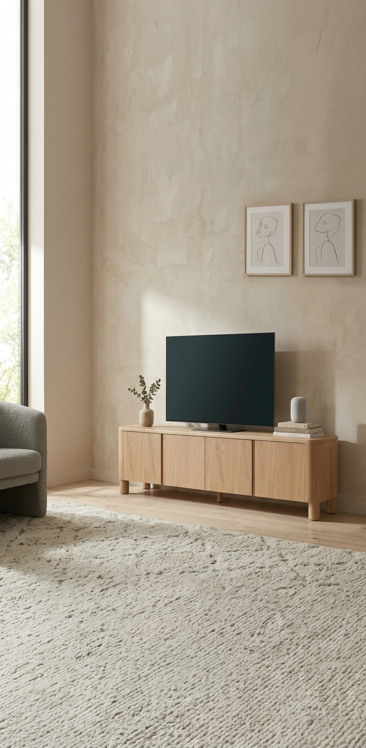 Oval Masif Meşe Ahşap TV Ünitesi