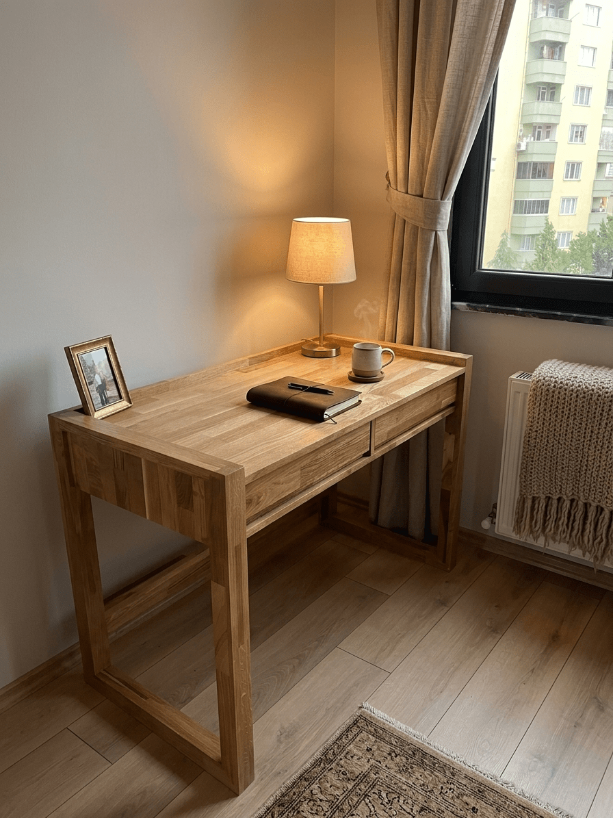 Minimalist Hatlı Çekmeceli Masif Meşe Çalışma Masası - Atelier İstanbul