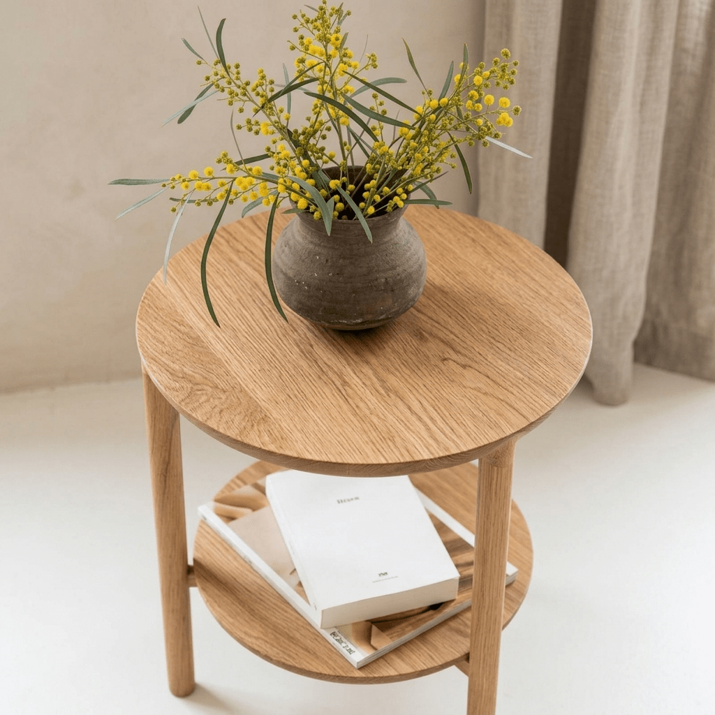 Natura Üçgen Torna Ayaklı Yuvarlak Masif Kayın Yan Sehpa - Atelier İstanbul