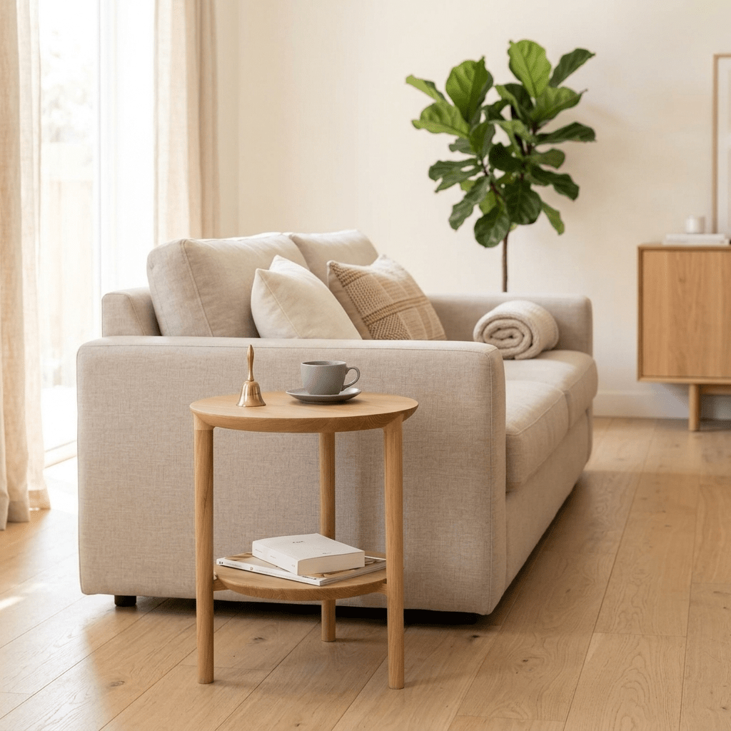Natura Üçgen Torna Ayaklı Yuvarlak Masif Kayın Yan Sehpa - Atelier İstanbul