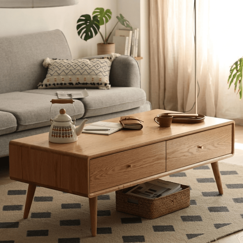 Retro İskandinav Tarzı Çekmeceli Masif Meşe Orta Sehpa - Atelier İstanbul