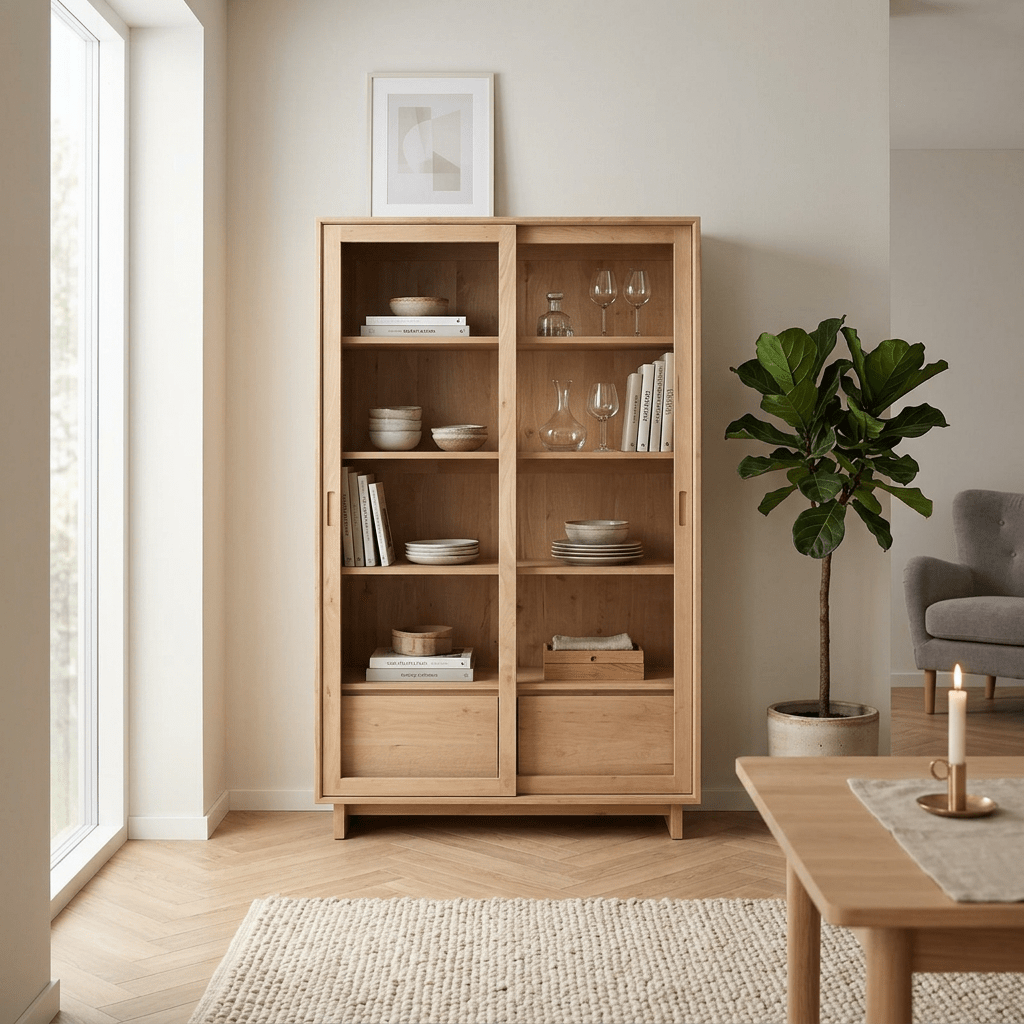 Sarek Sürgülü Cam Kapaklı Masif Kayın Kitaplık ve Vitrin - Atelier İstanbul