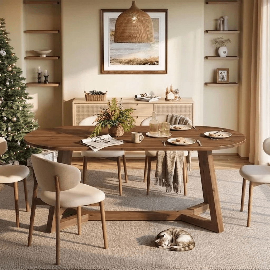 Travers Ayaklı Masif Koyu Çam Oval Yemek Masası | Atelier Istanbul - Atelier İstanbul